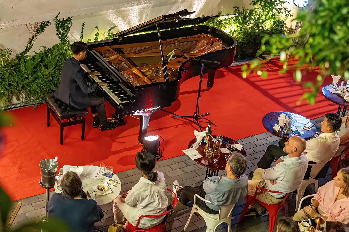 Grand piano concert at Bellini — aerial view, red carpet, audience dining