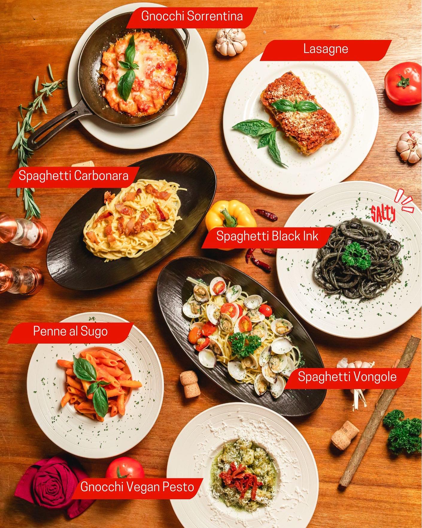 Bellini Italian dishes spread — pasta, gnocchi, lasagne