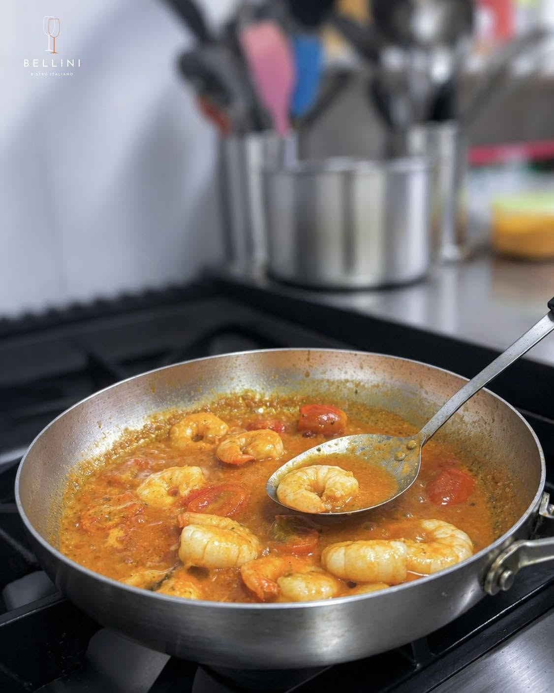Prawn Diavola in cast iron pan at Bellini